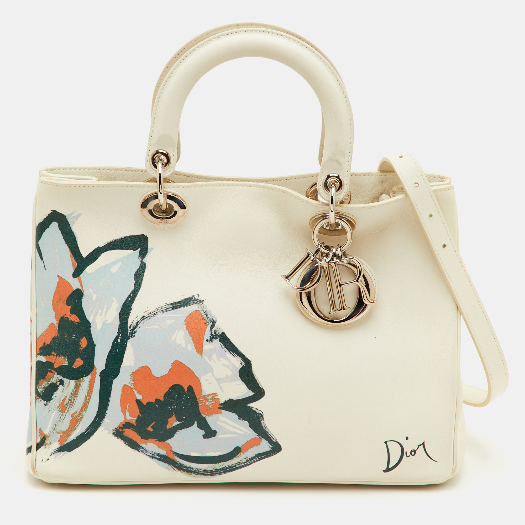 

Dior Diorissimo  White Leather Flower Print Shopper Tote
