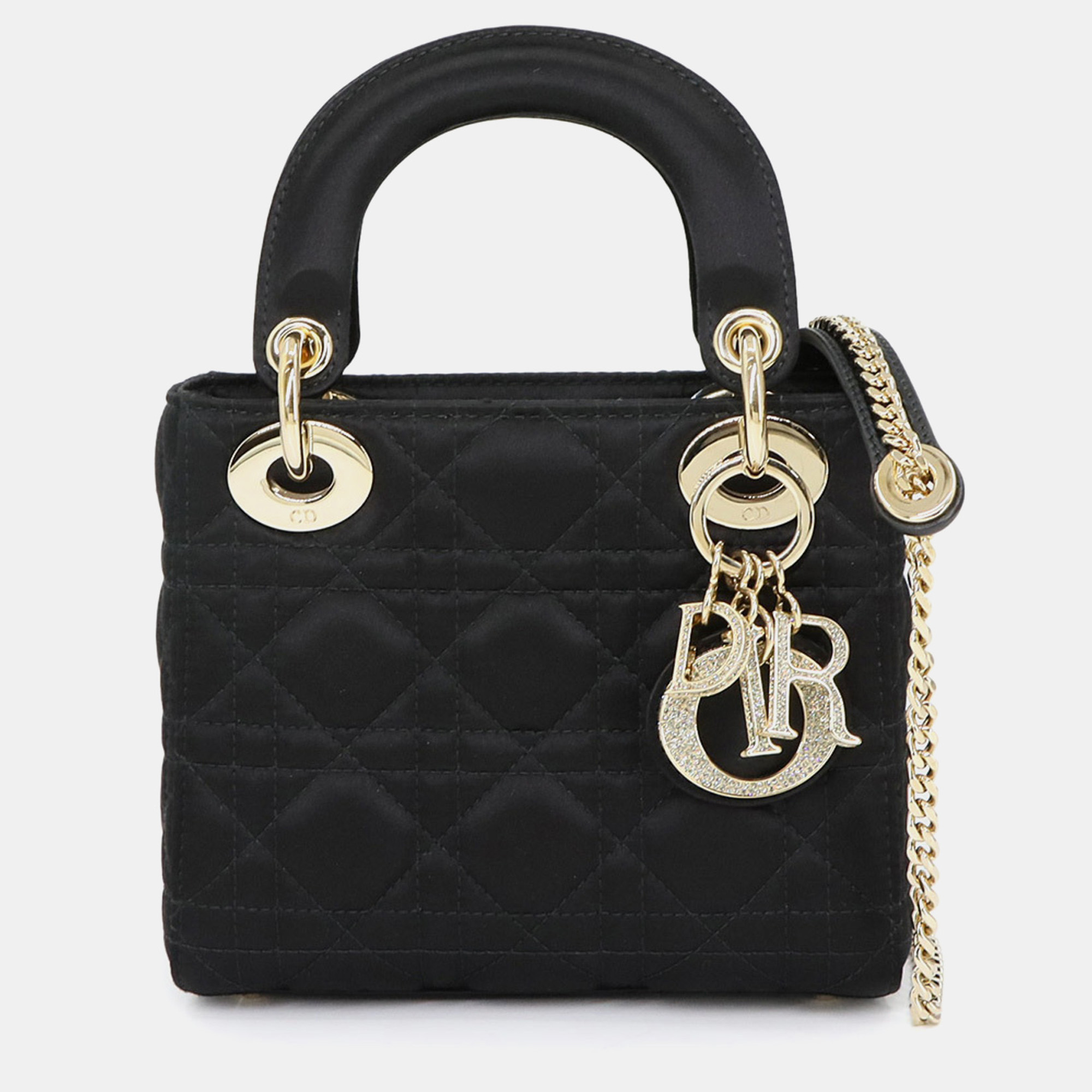 

Christian Dior Cannage Lady Mini 2-Way Hand/Shoulder Bag In Rhinestone Satin And Leather Black