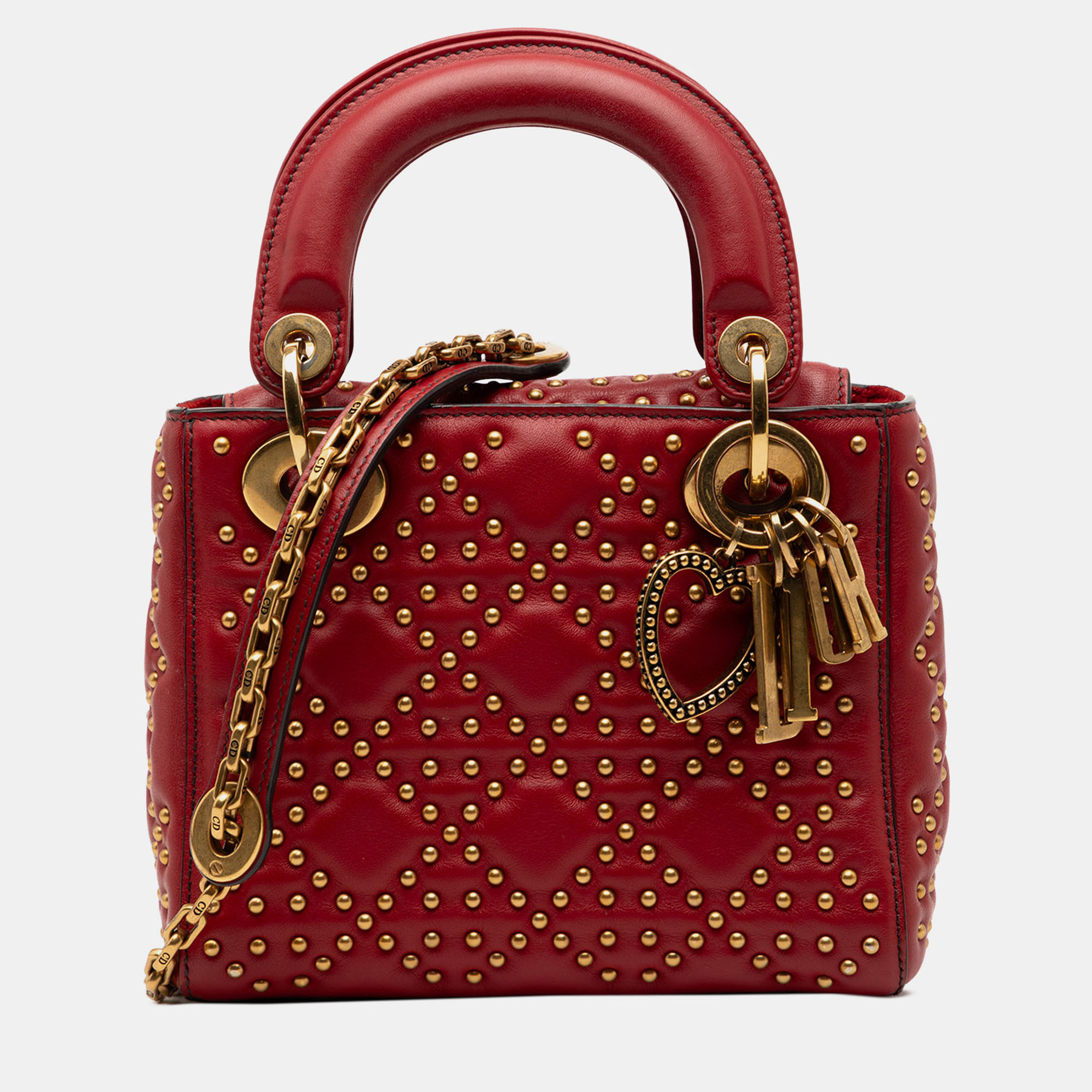 

Dior Red Mini Lambskin Cannage Studded Supple Lady Dior