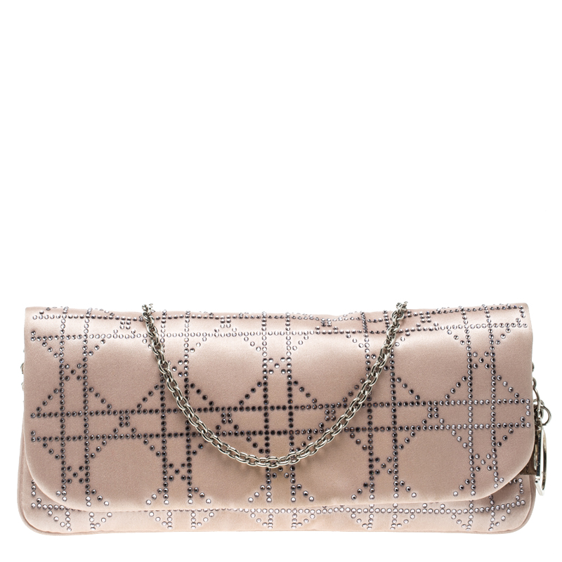 مملوكة مسبقًا Dior Pink Cannage Satin Crystal Embellished Chain Clutch 
