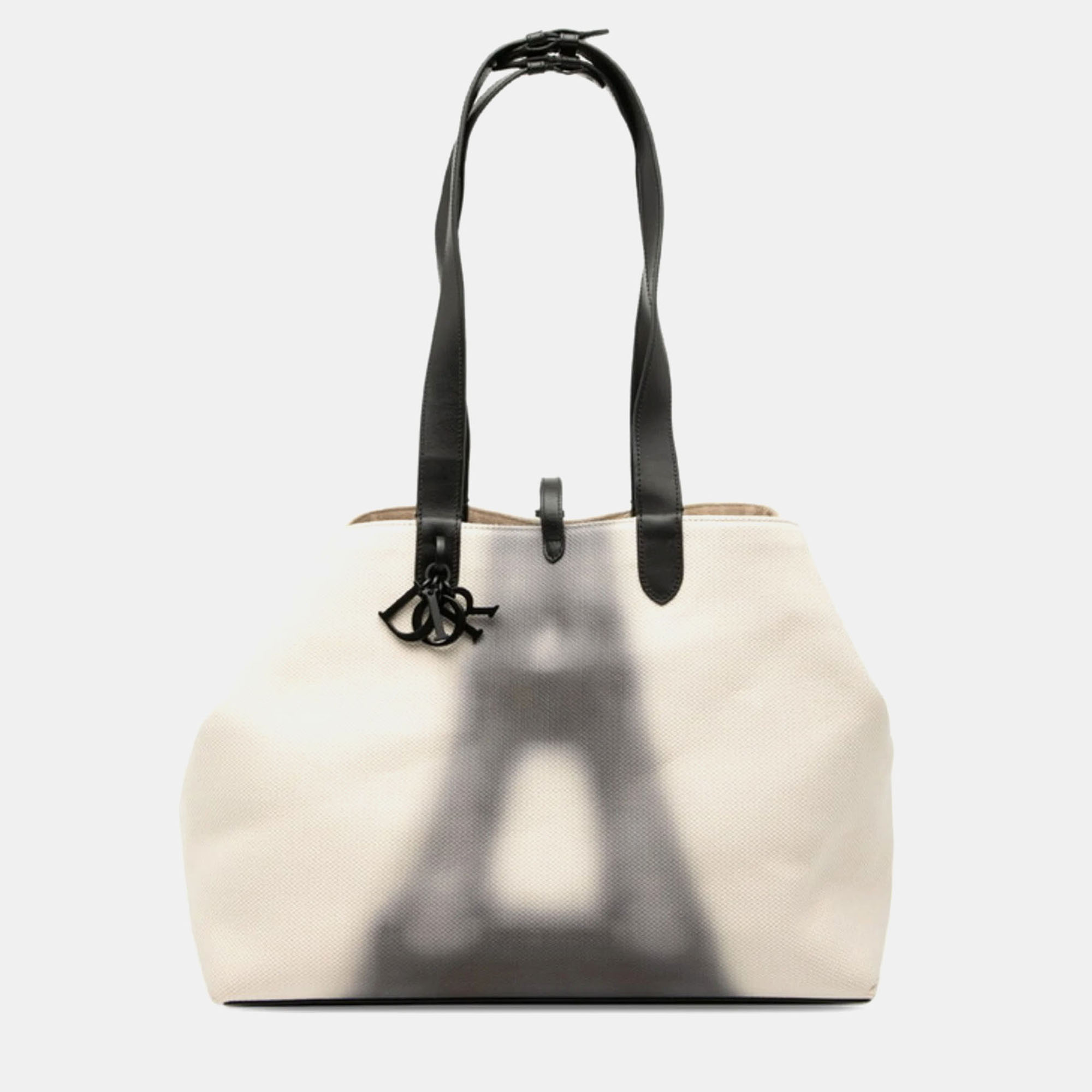 

Christian Dior Dior Toujours Large Tote Bag Shoulder Ivory Black Canvas Leather, Beige