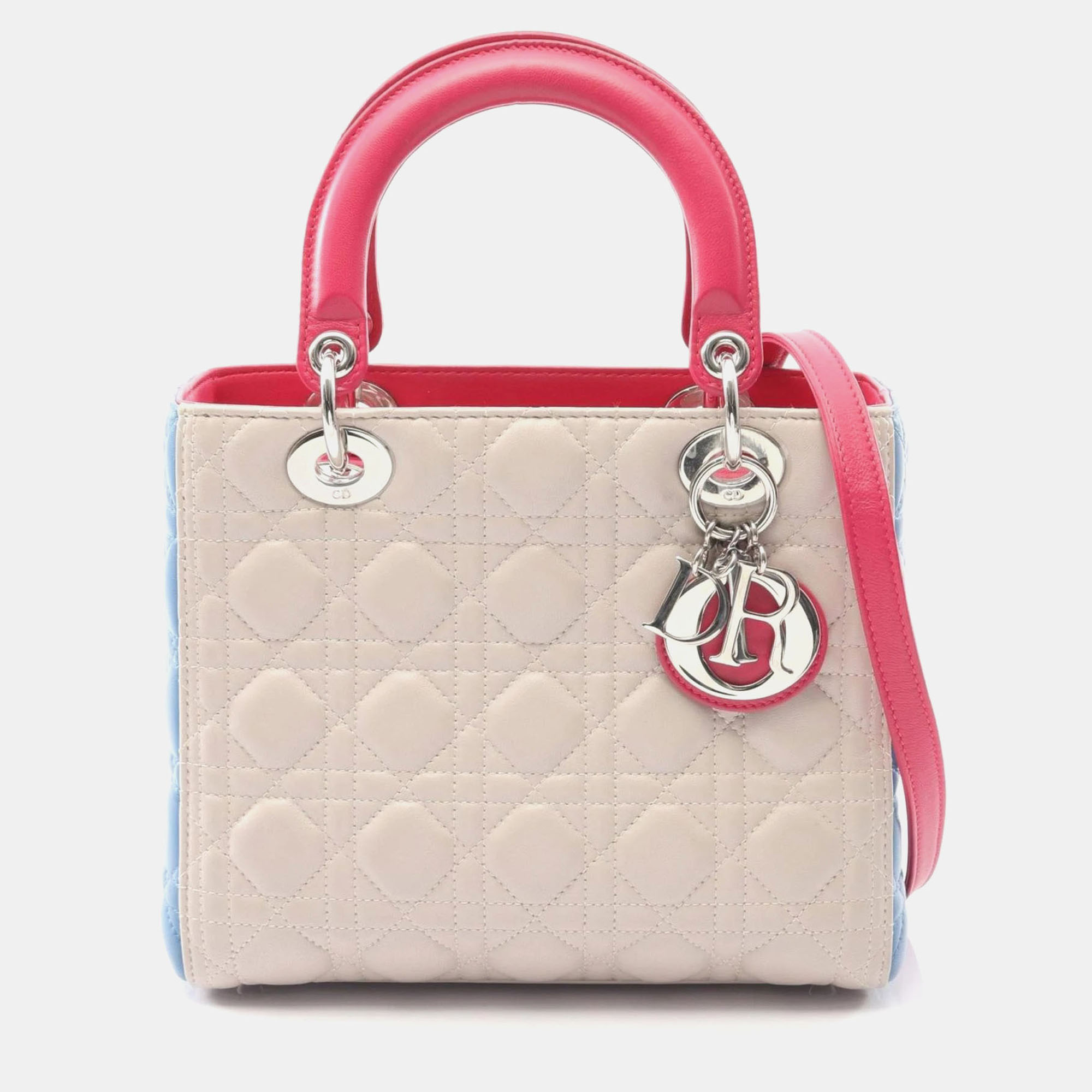 

Christian Dior Dior Lady Cannage Handbag Leather Beige Blue Pink, Multicolor