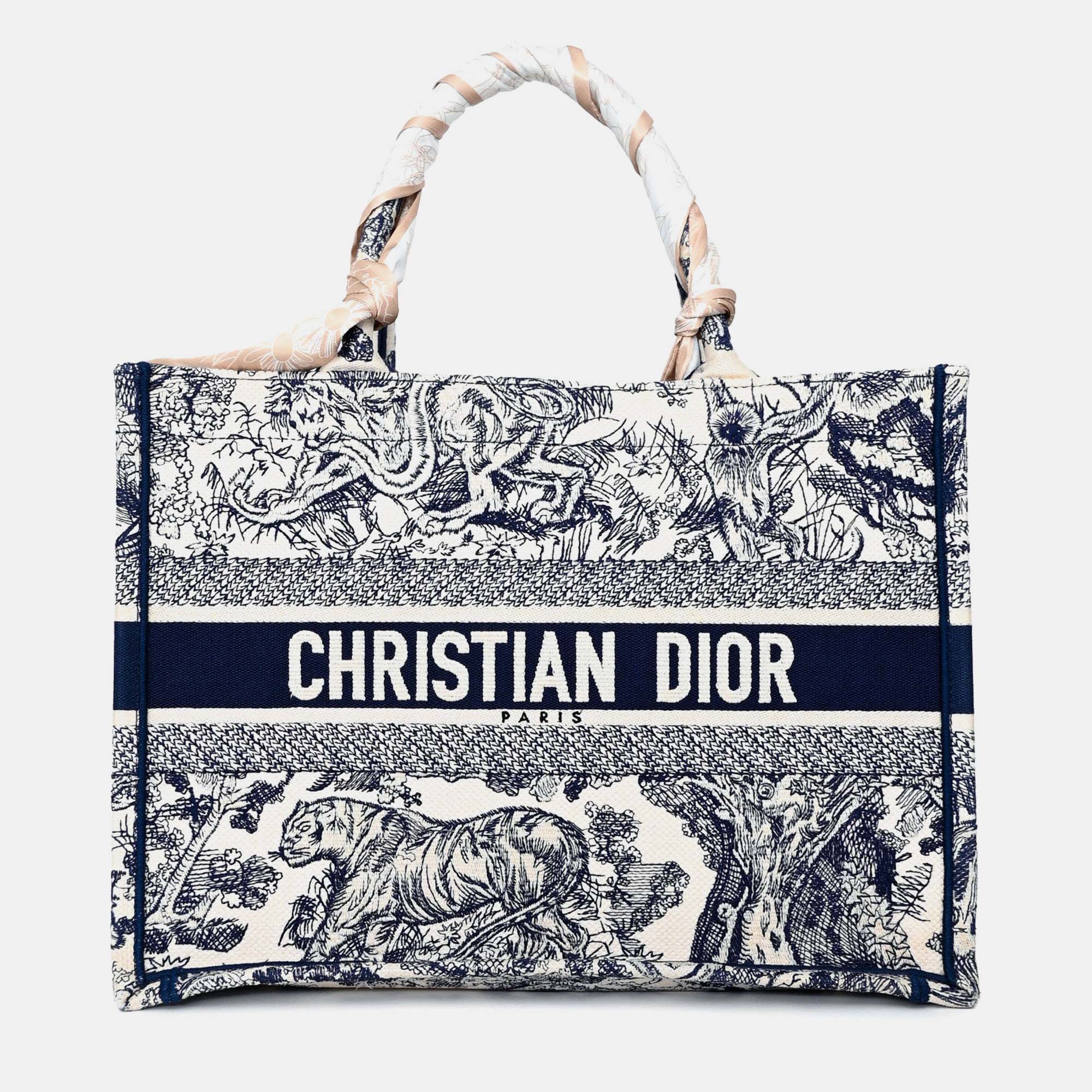 

Christian Dior 2021 Navy/White Toile de Jouy Embroidered Medium Book Tote, Navy blue