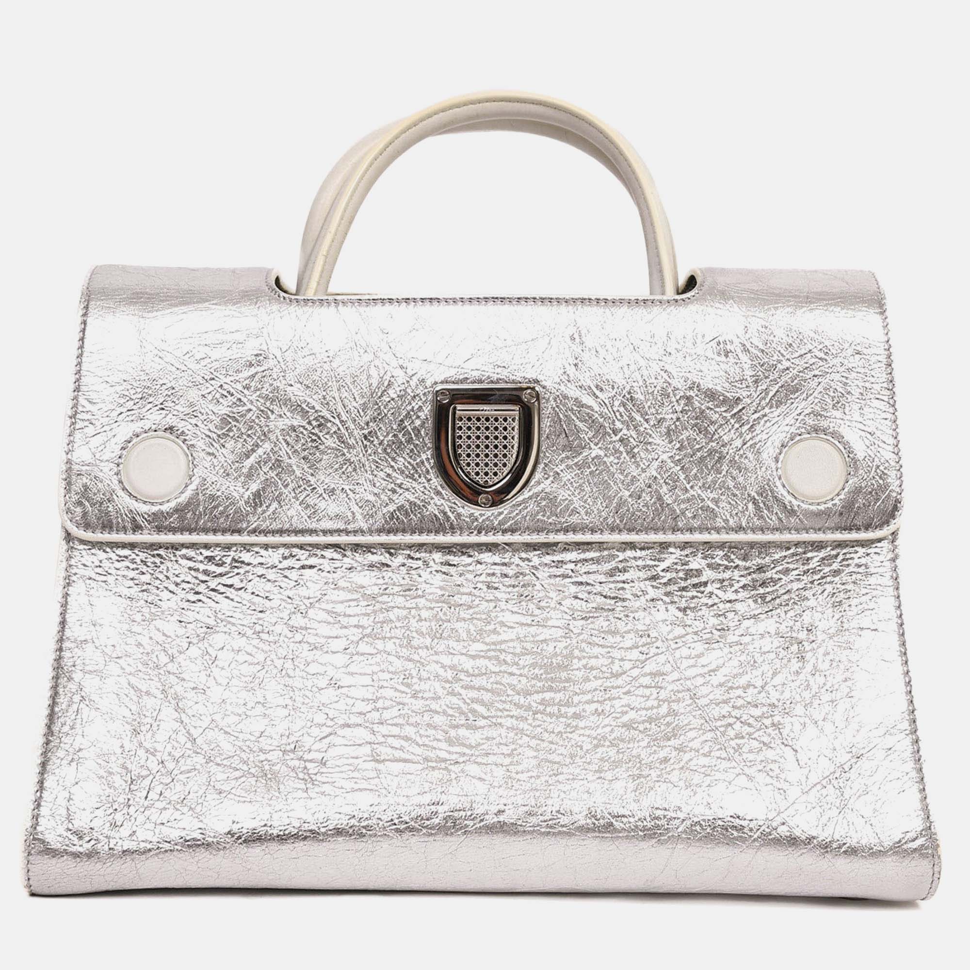 

Christian Dior Silver Crinkle Leather 'Diorever' Medium Top Handle with Strap