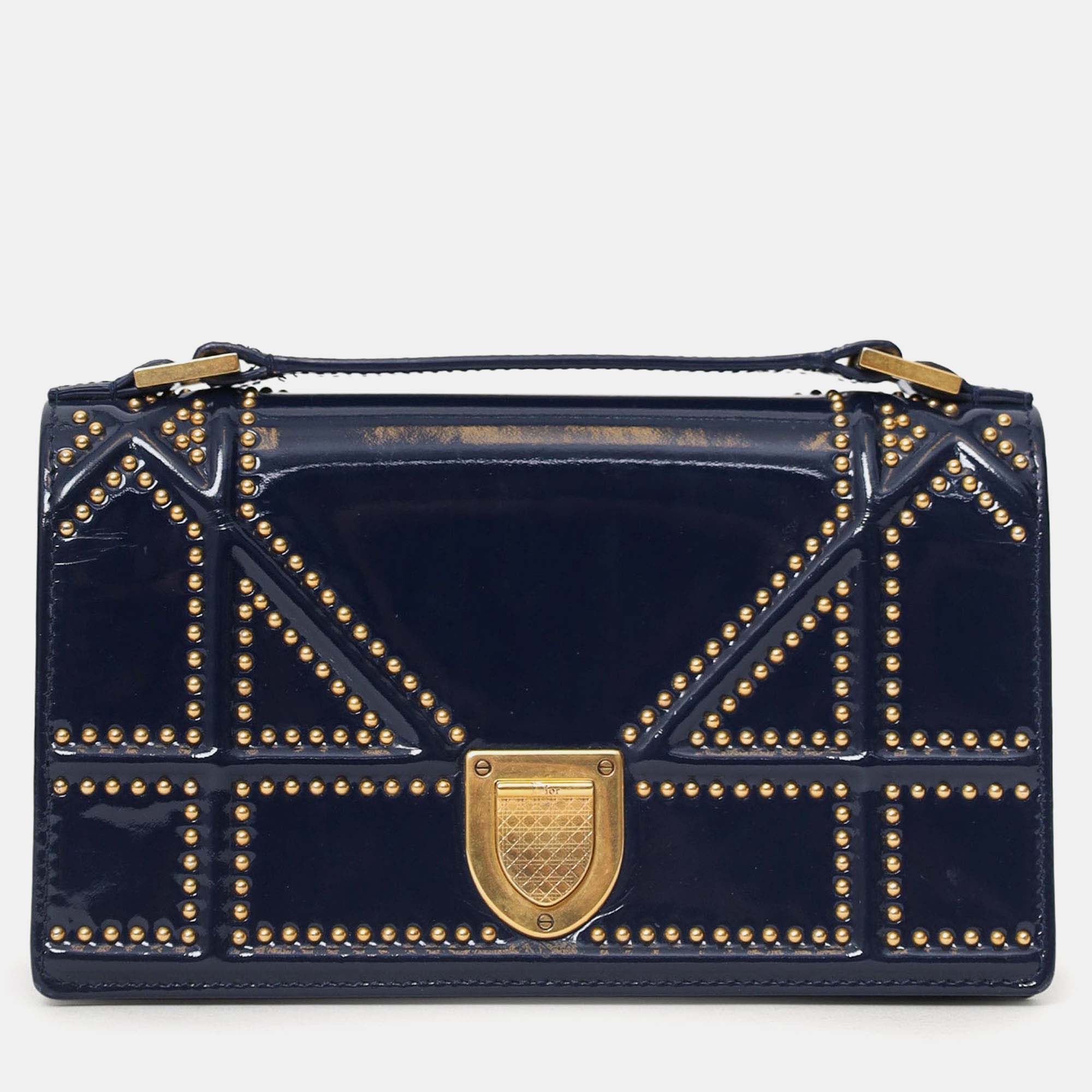 

Christian Dior 2017 Navy Patent Studded Mini Diorama Top Handle Bag With Pouch, Navy blue