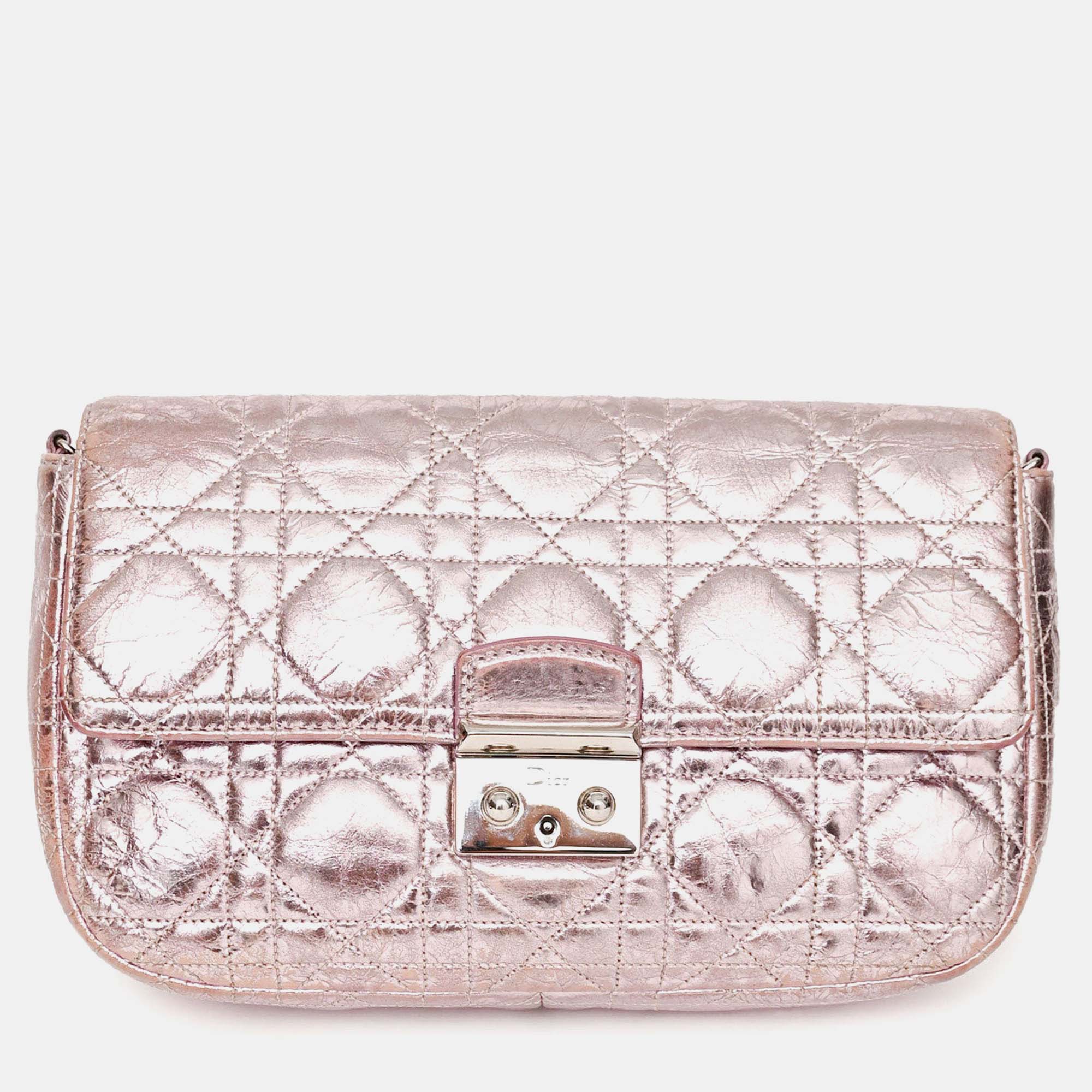 

Christian Dior 2014 Pink Metallic Cannage Leather 'Miss Dior' Wallet on Chain