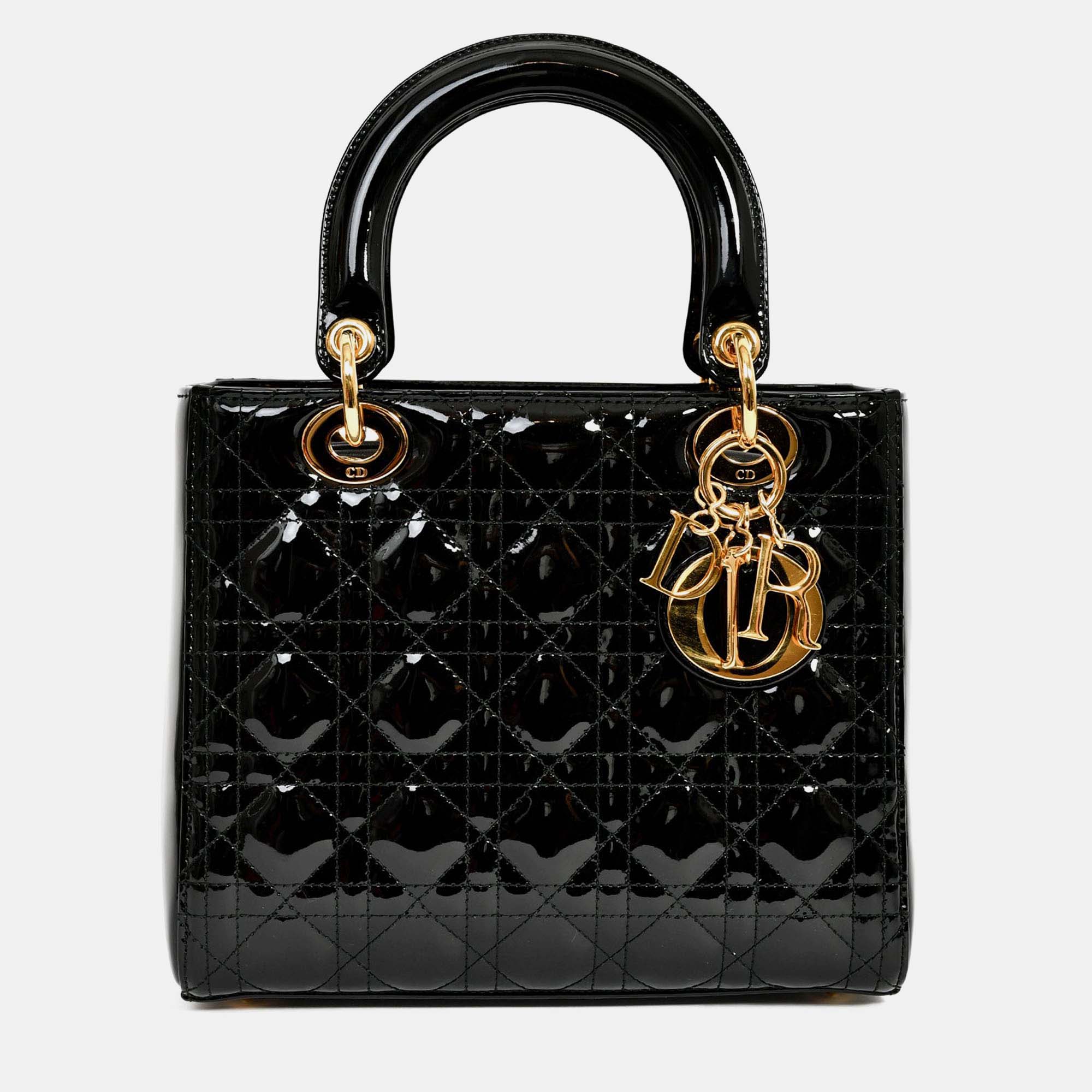 

Christian Dior 2017 Black Patent Cannage Medium Lady Dior Top Handle with Strap