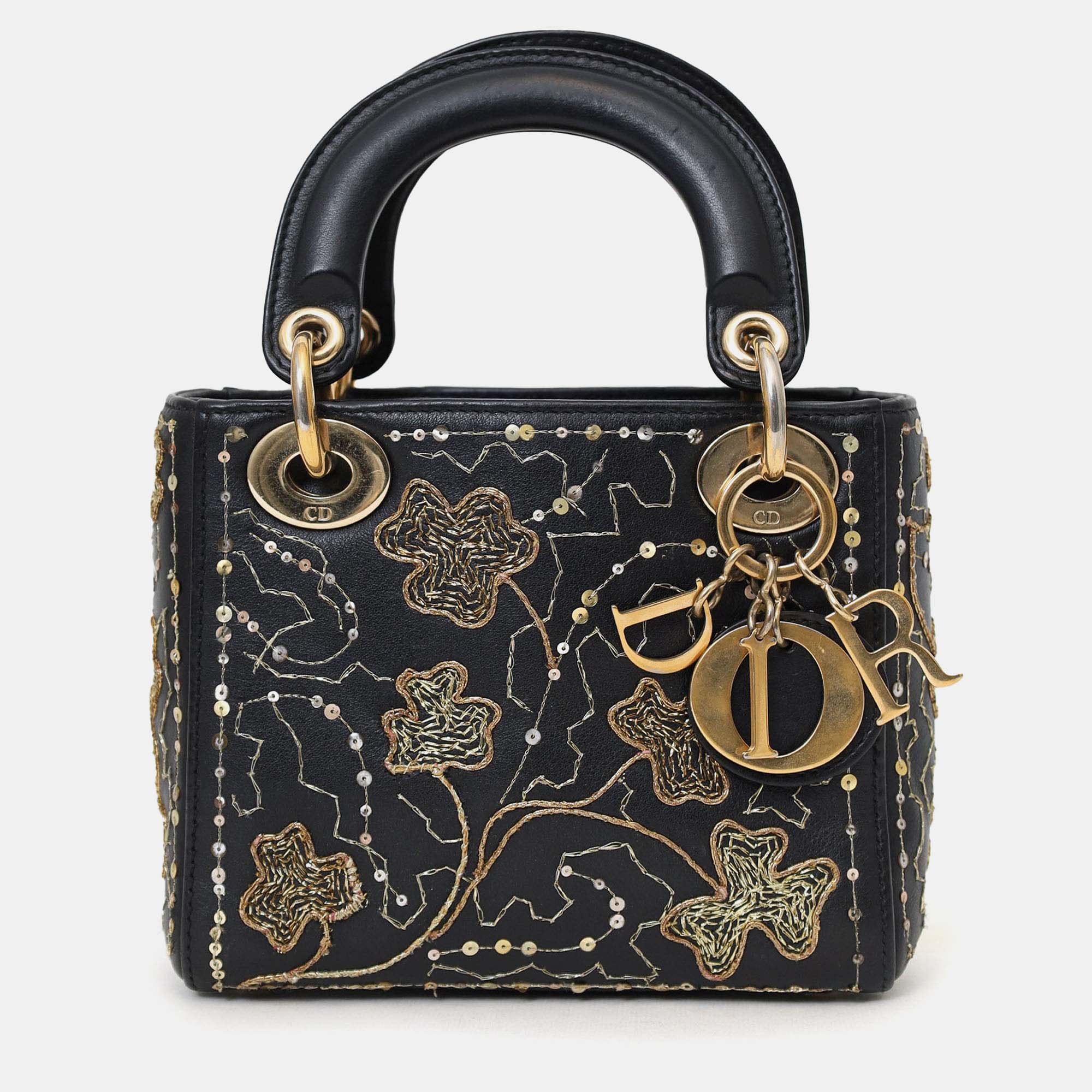 

Christian Dior 2018 Black Leather Gold 'Clovers' Embroidered Mini Lady Dior