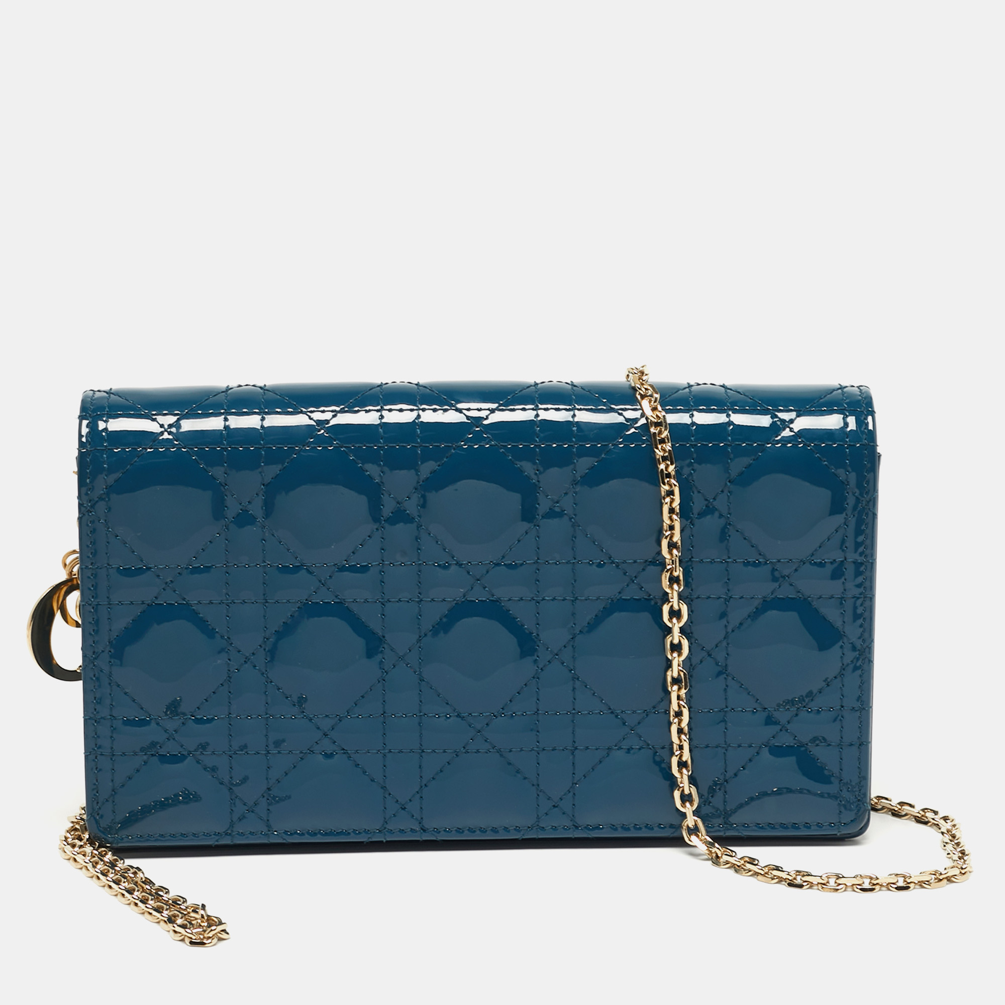 

Dior Teal Blue Cannage Patent Leather Lady Dior Wallet On Chain