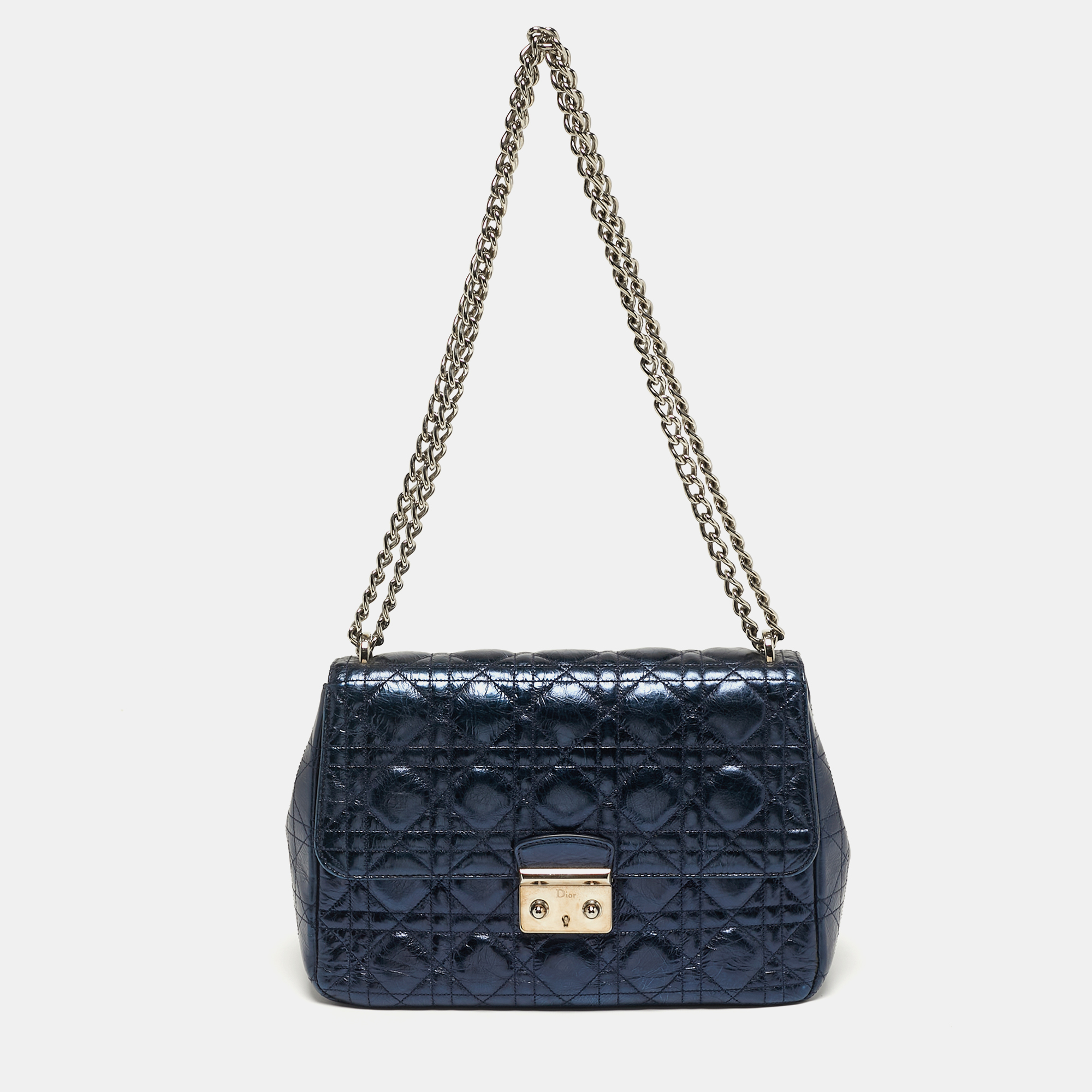 

Dior Miss Dior Chain Metallic Blue Cannage Aged Leather Flap Bag