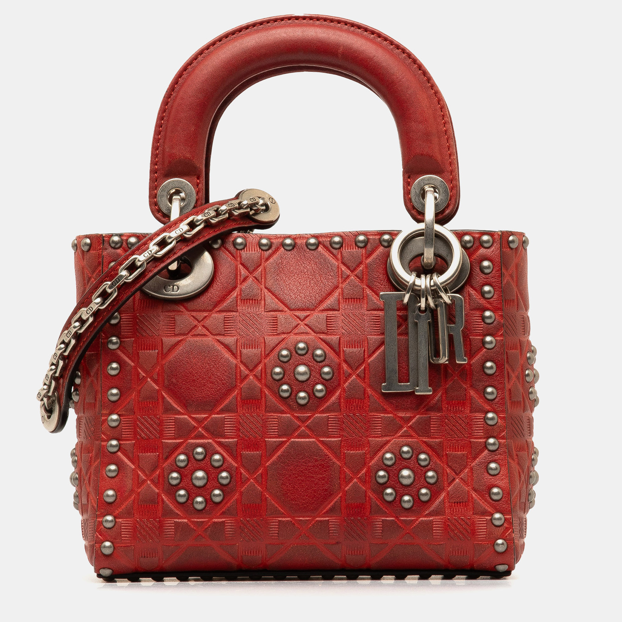 

Dior Red Mini Embossed Calfskin Cannage Studded Flower Lady Dior