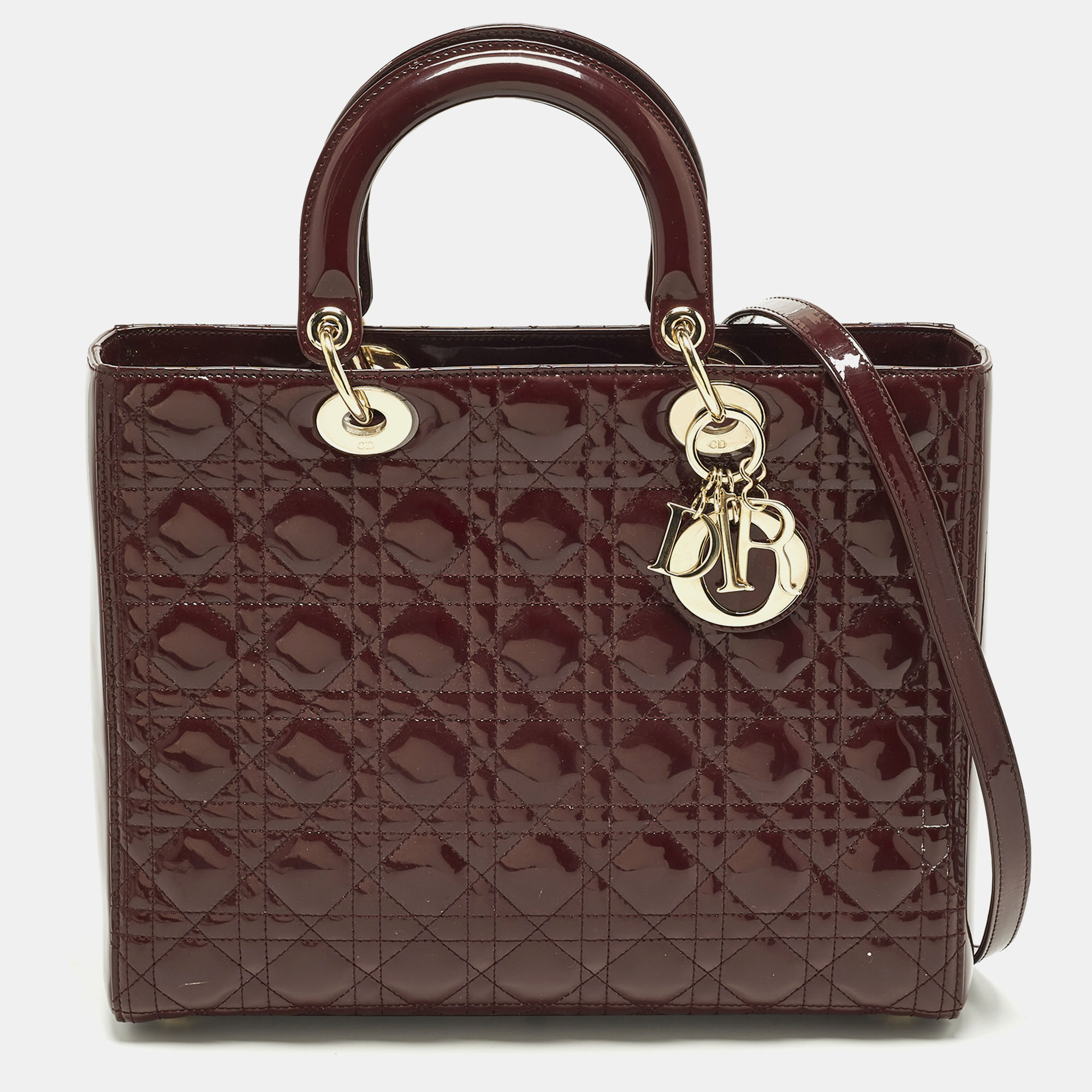 

Dior Lady Dior  Burgundy Cannage Patent Leather Tote