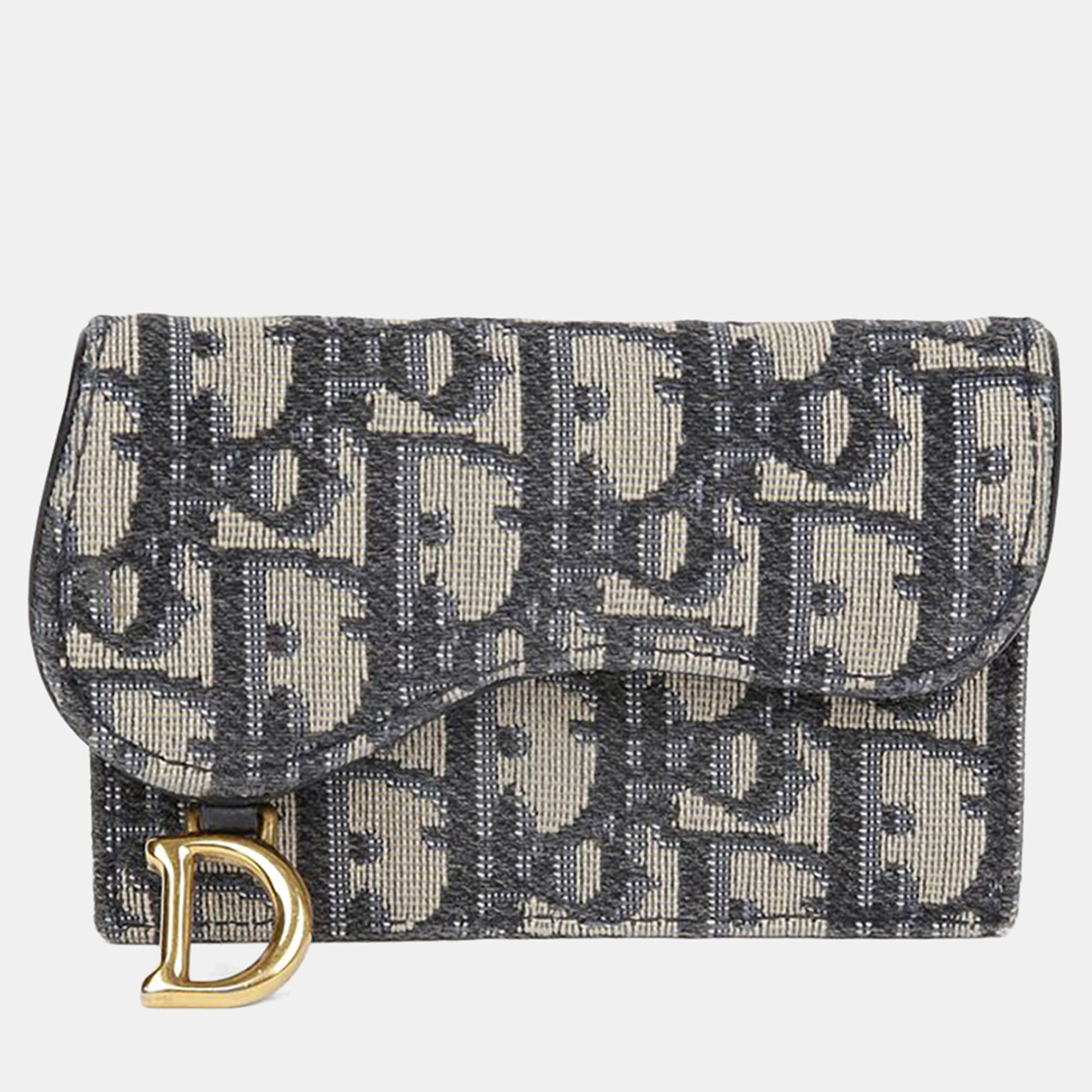 Pre-owned Dior Saddle Oblique Blue Jacquard Canvas Flap Card Holder