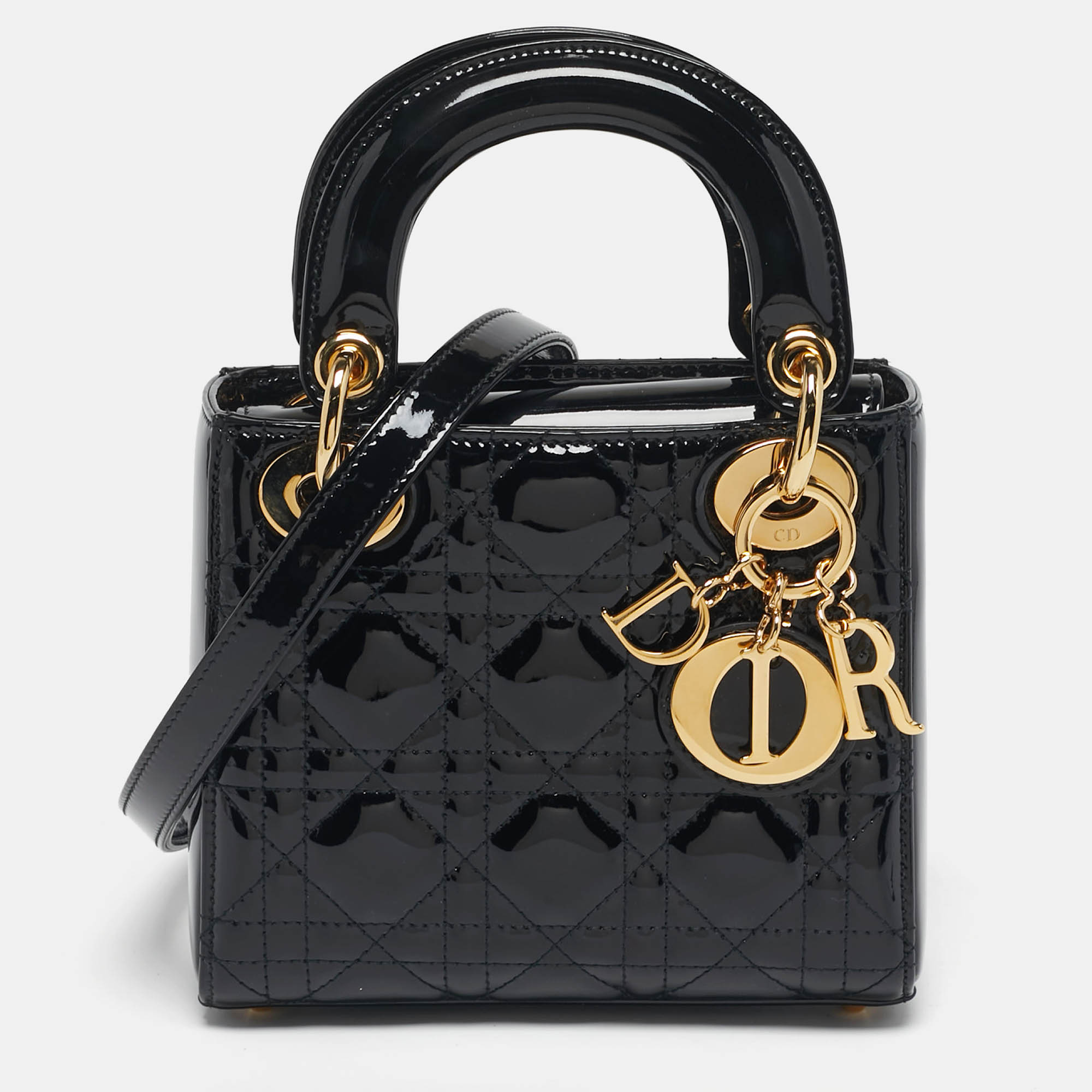 

Dior Lady Dior Mini Black Cannage Patent Leather Tote