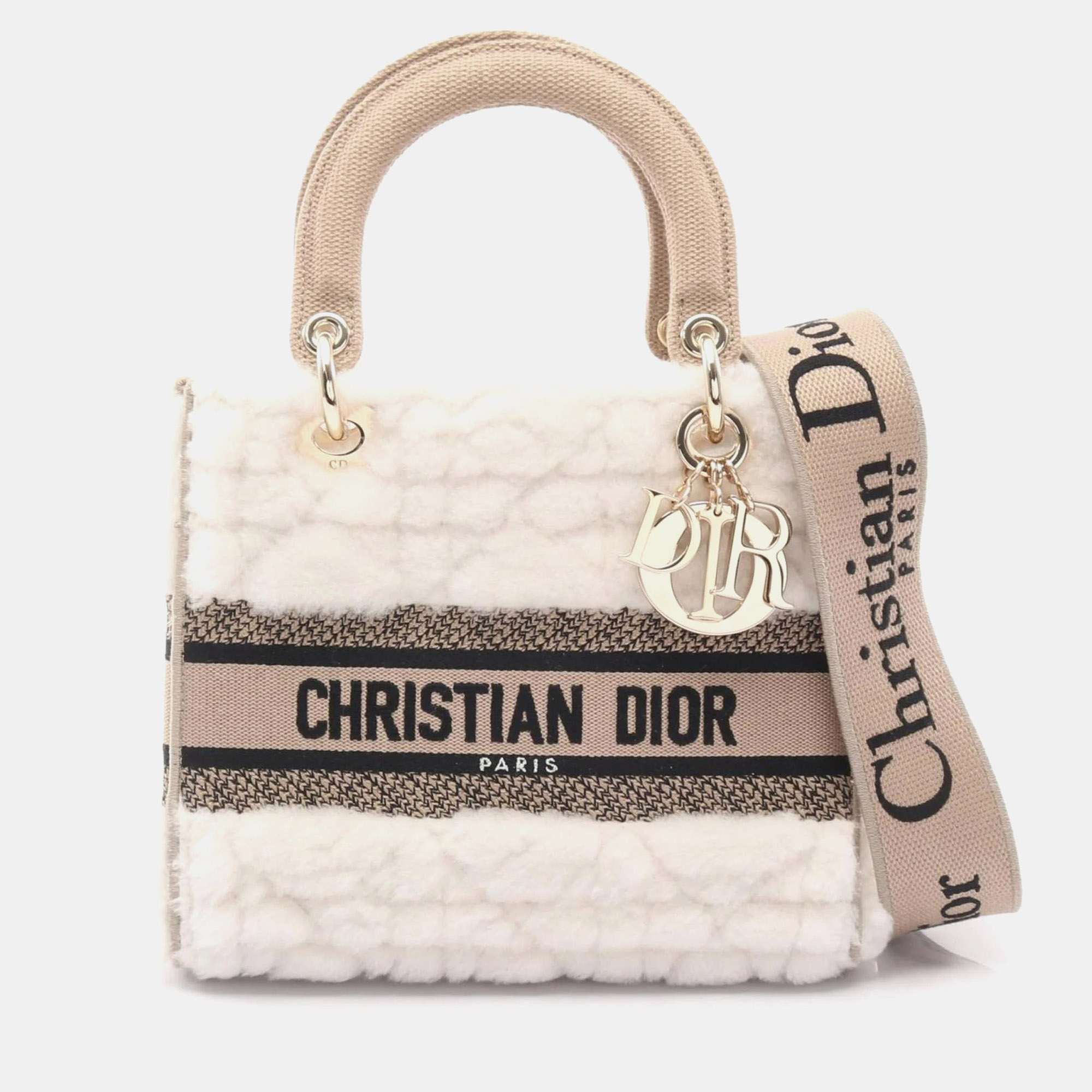 

Christian Dior Dior Lady D-Lite Medium Handbag Canvas And Shearling White Beige Black