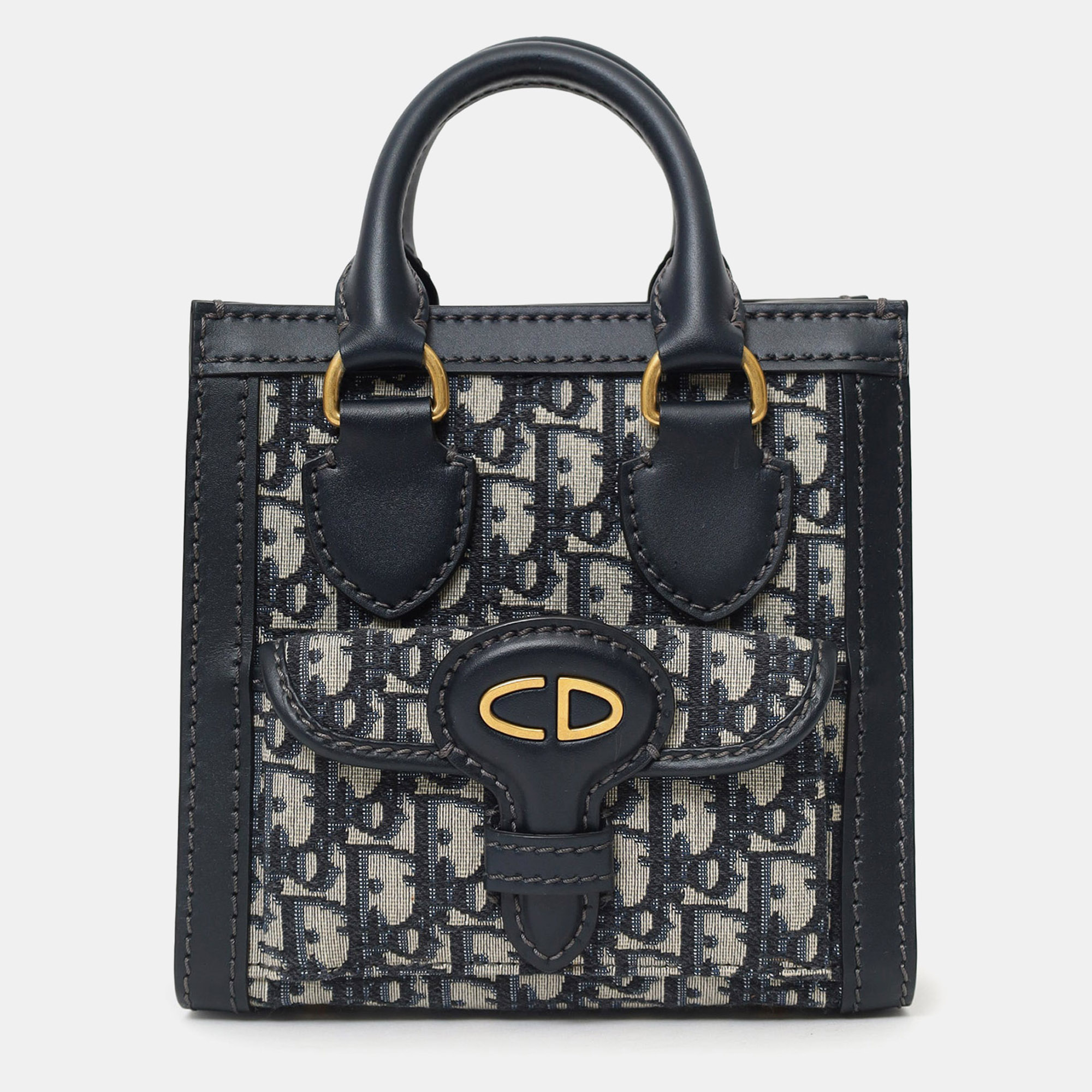 

Christian Dior Navy Canvas/Leather Oblique Mini Tote Bag With Strap, Navy blue