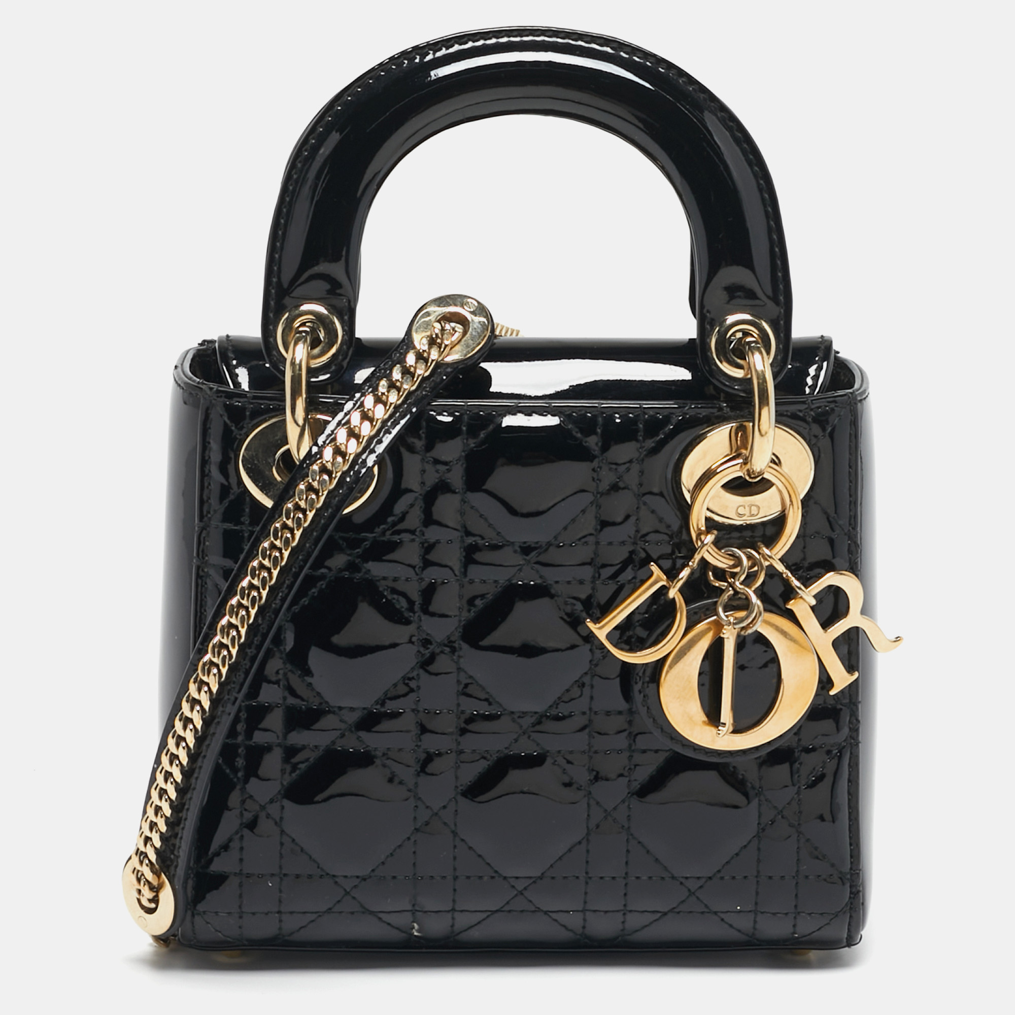 

Dior Lady Dior Mini Black Cannage Patent Leather Tote