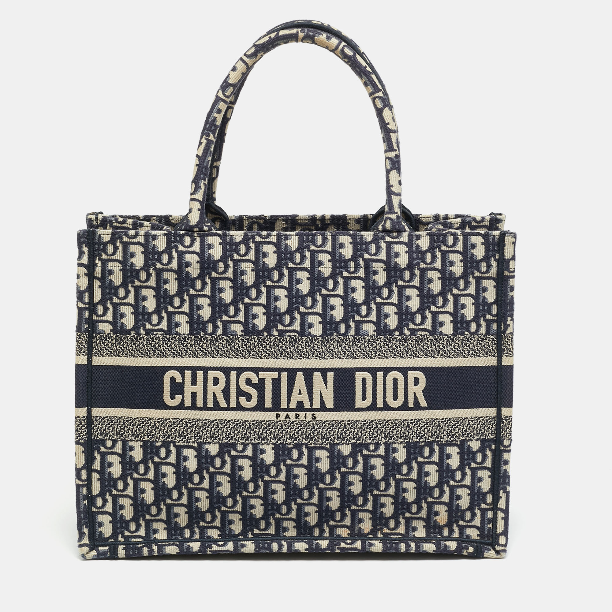 

Dior Oblique Embroidered Book Medium Navy Blue Canvas Tote