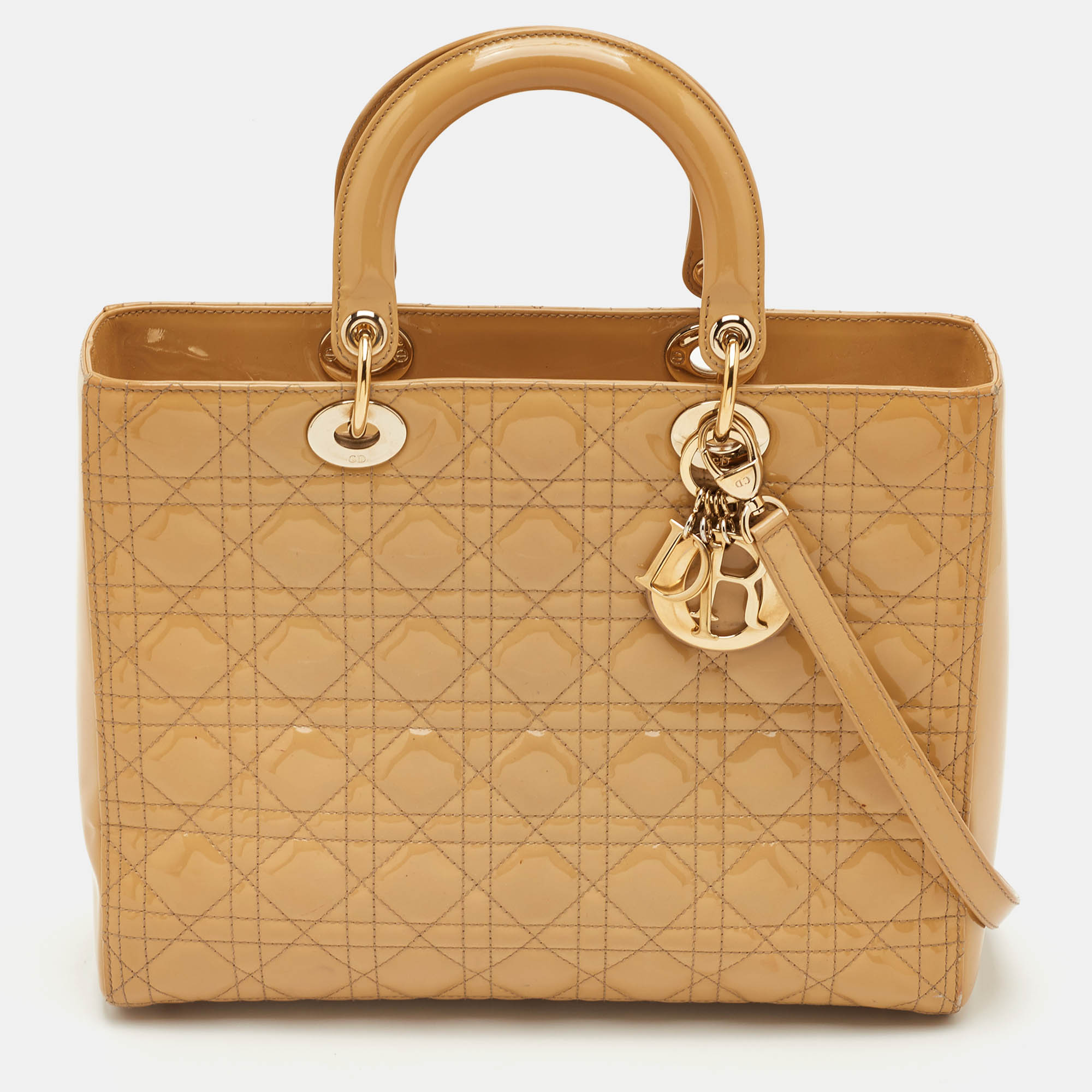 

Dior Lady Dior Large Beige Cannage Patent Leather Tote