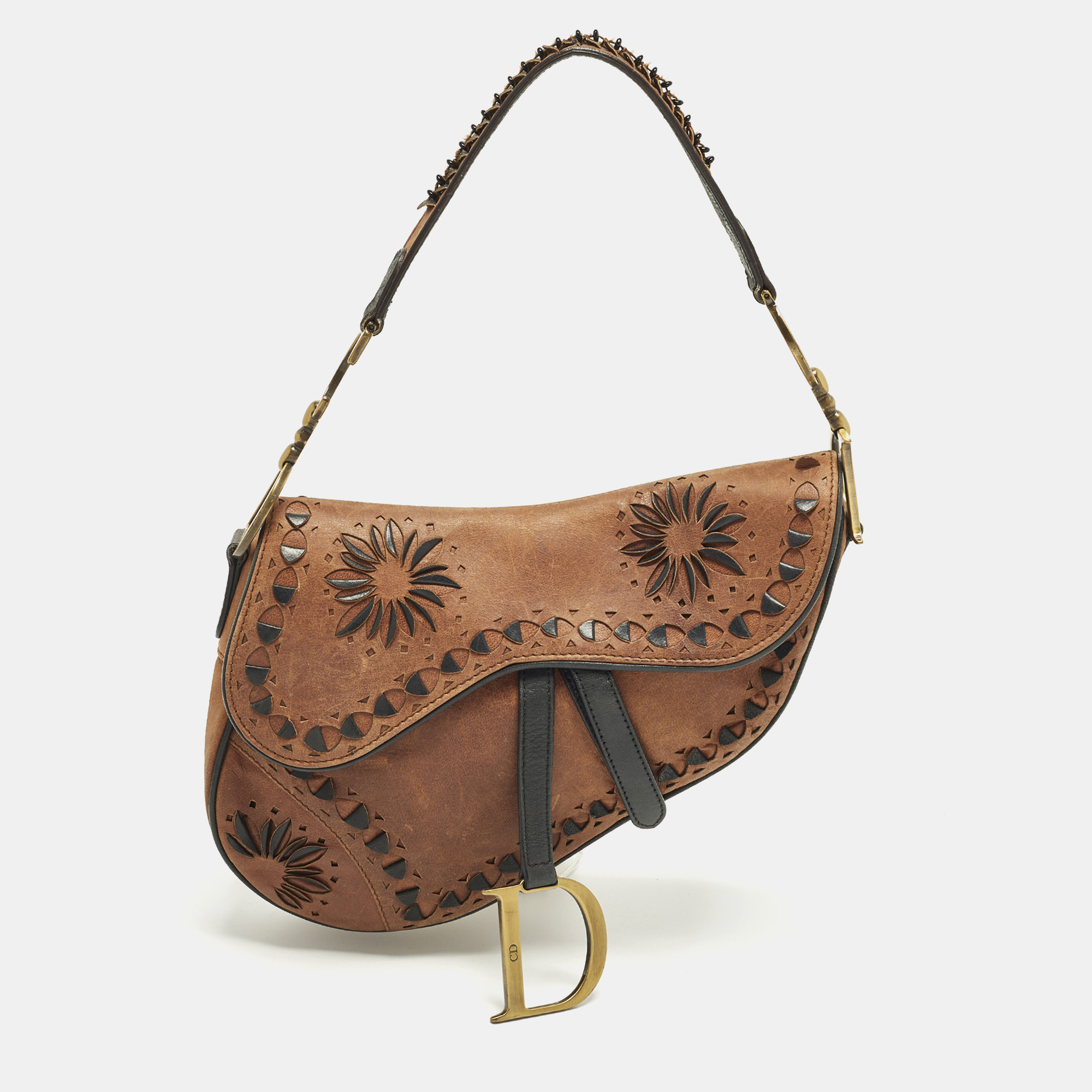 

Dior Limited Edition 0935 Cut Out Saddle Brown/Black Leather Shoulder Bag
