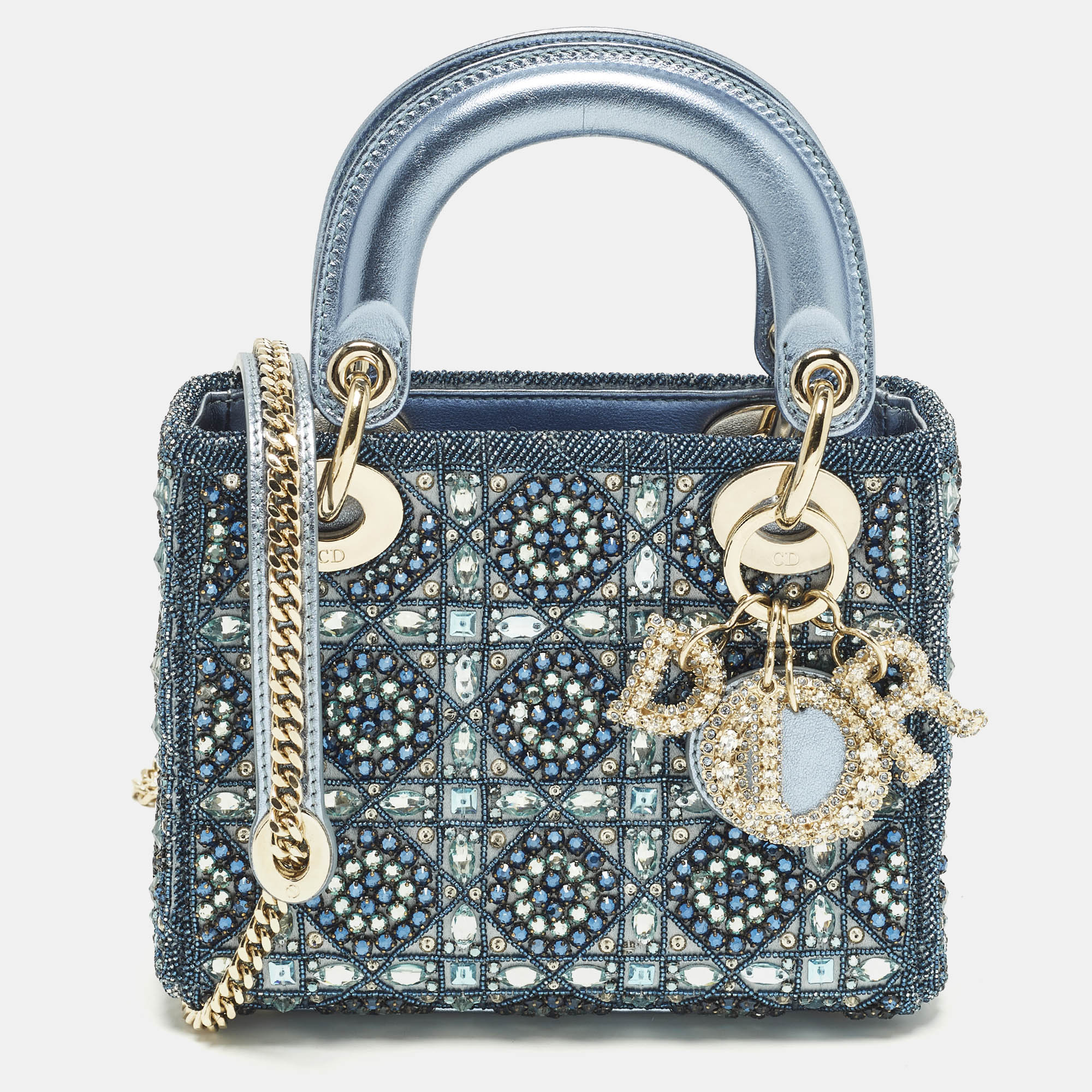 

Dior Lady Dior Mini Blue Crystal Embroidered Satin and Leather Tote
