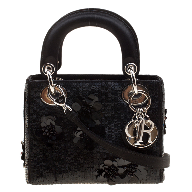 Pre Owned Dior Black Sequin and Satin Mini Lady Dior Tote
