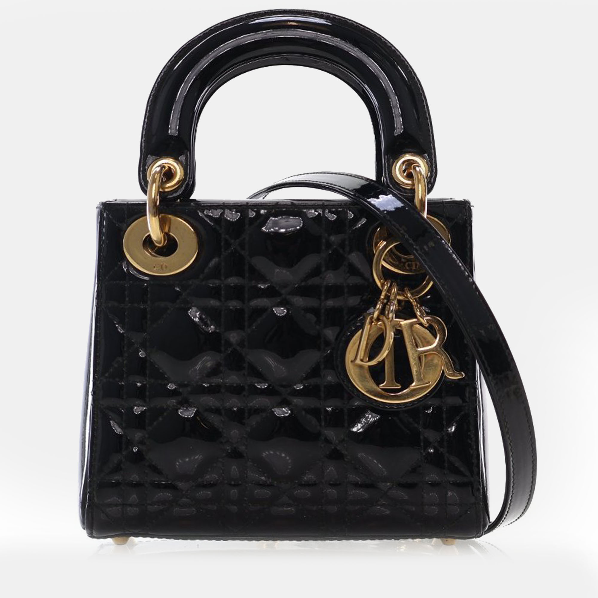 

Dior Lady Dior Mini Patent Leather Top Handle Bag, Black