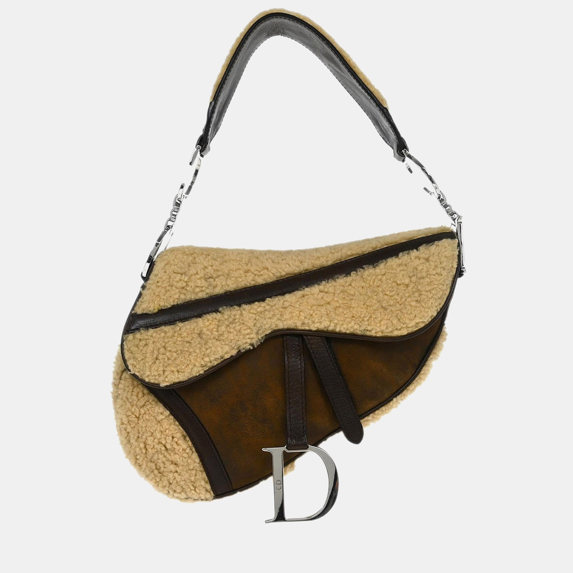

Dior Saddle Brown Shearling Lambskin Leather Bag, Beige