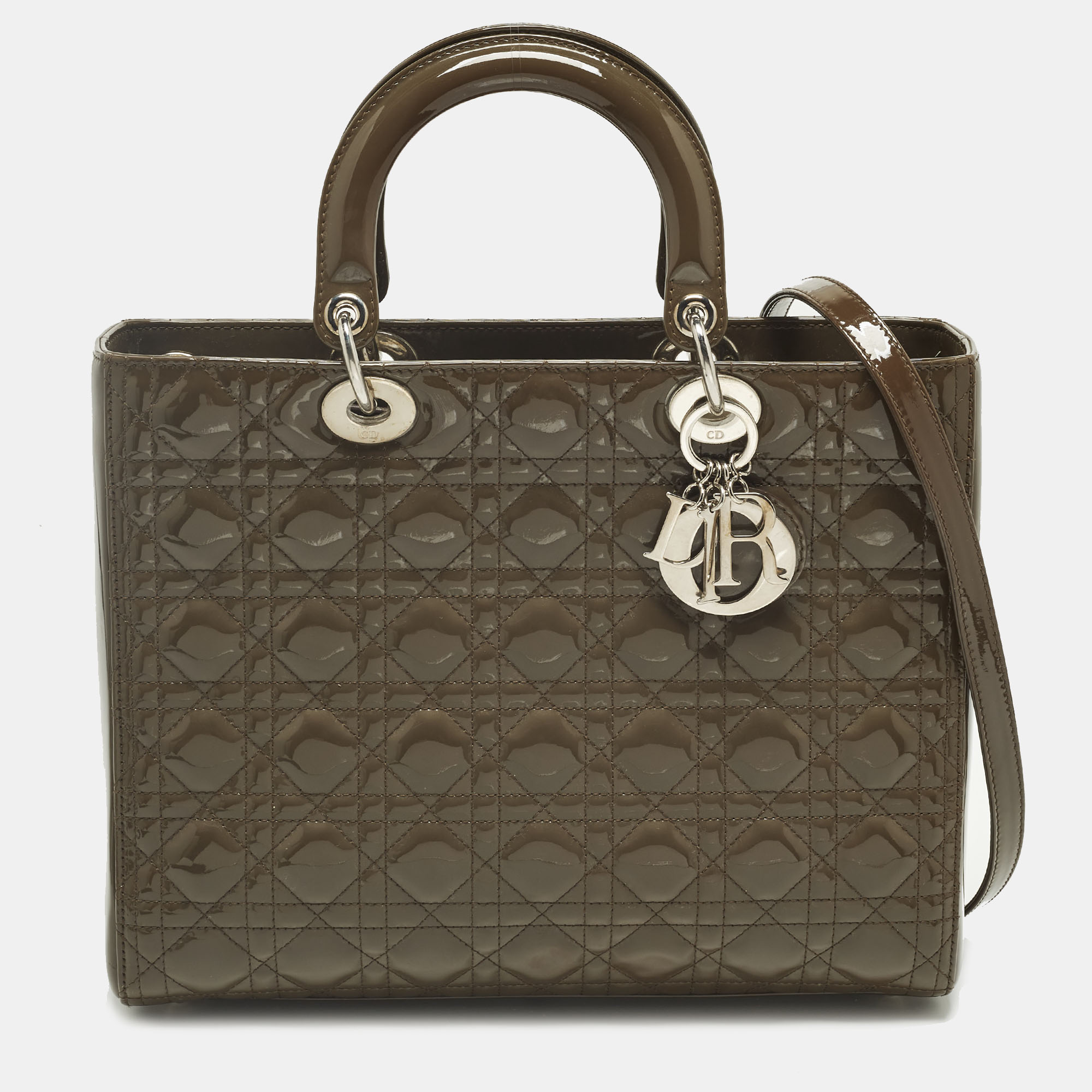 

Dior Lady Dior  Dark Beige Cannage Patent Leather Tote w/Wallet