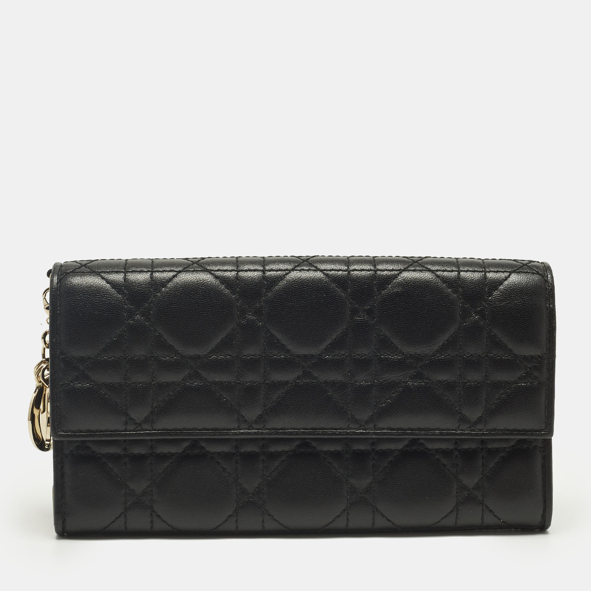 Pre-owned Dior Flap Black Cannage Leather Continental Wallet