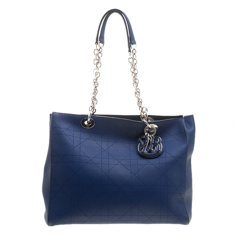Pre Owned Dior Blue Cannage Leather Large Shopping Tote