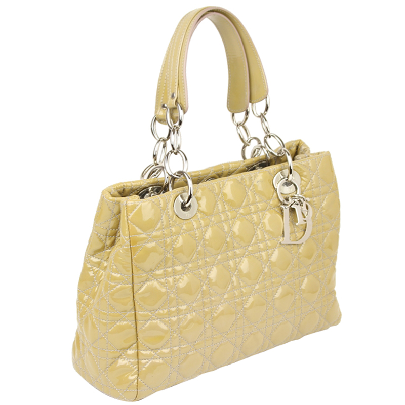 

Dior Beige Cannage Quilted Patent Leather Small Dior Soft Tote