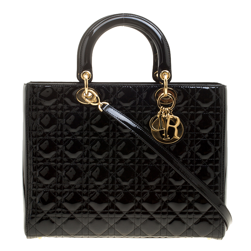 Pre Owned Dior Black Patent Leather Large Lady Dior Tote