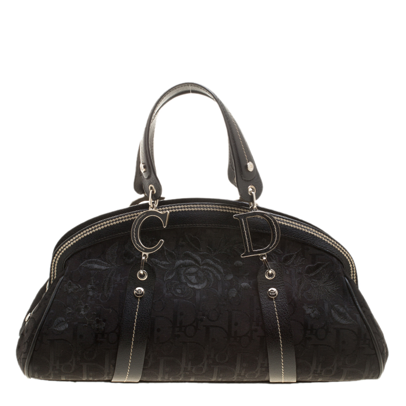 Pre Owned Dior Black Diorissimo Canvas Embroidered Flowers Frame Satchel