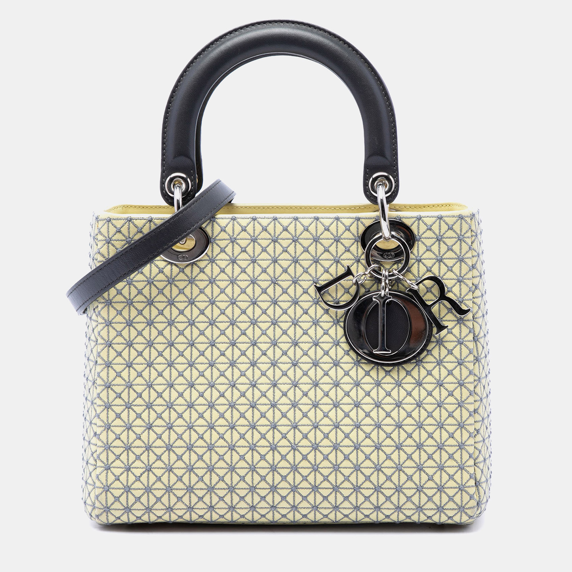 Dior Yellow Dior Lady Dior Medium Yellow Embroidered Lambskin Fabric Top Handle Bag