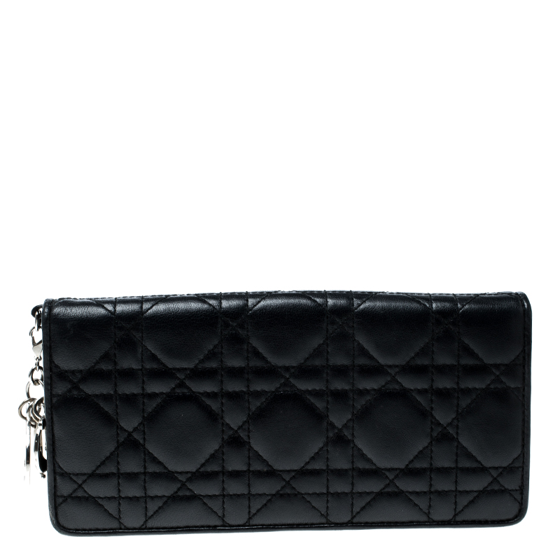 مملوكة مسبقًا محفظة ديور قلاب ليدي ديور جلد كاناج سوداء