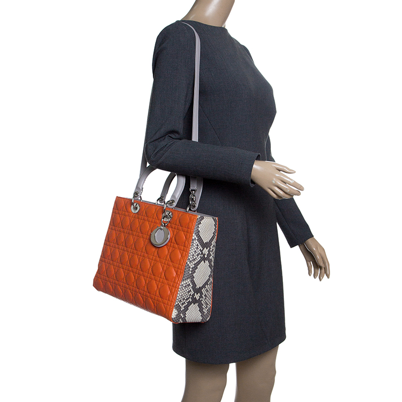 

Dior Orange/Grey Leather and Python Large Lady Dior Tote