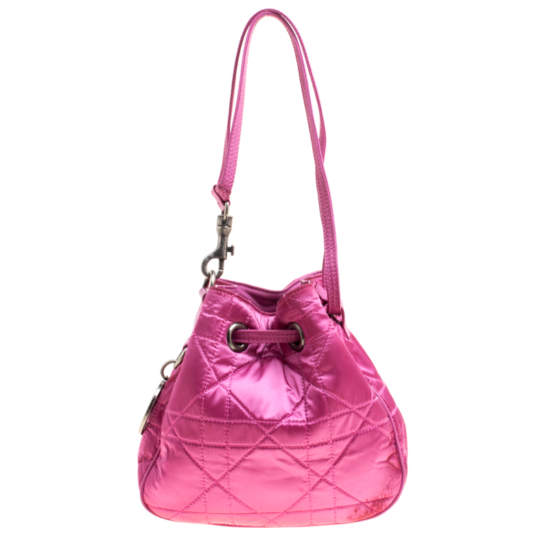 Pre Owned Dior Pink Cannage Quilted Nylon Drawstring Bucket Bag 