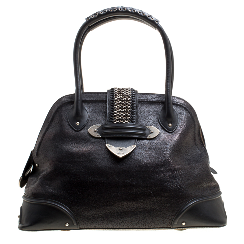 Pre Owned Dior Black Crackled Effect Leather Dome Satchel