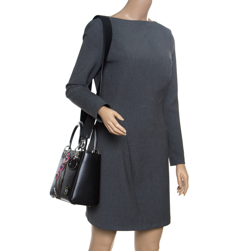 

Dior Black Leather Flower Embroidered Medium Lady Dior Tote