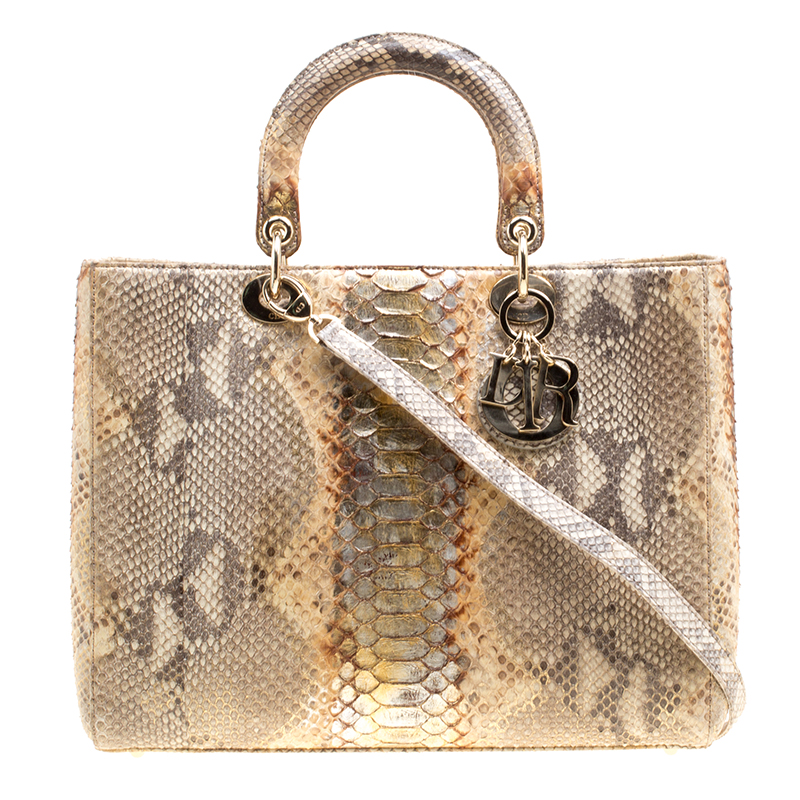 مملوكة مسبقًا Dior Cream/Gold Python Large Lady Dior Tote