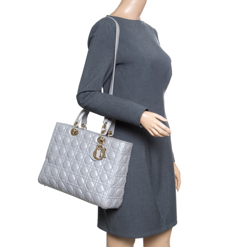 

Dior Grey Leather Large Lady Dior Top Handle Bag