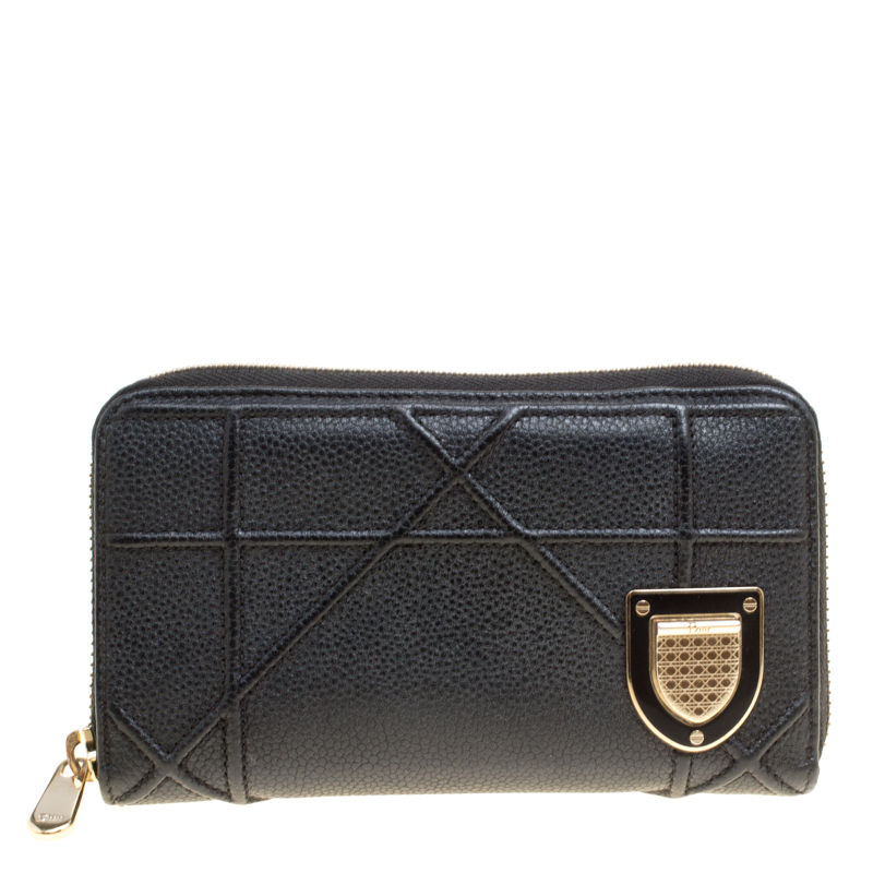 Pre Owned Dior Black Leather Diorama Zip Around Wallet