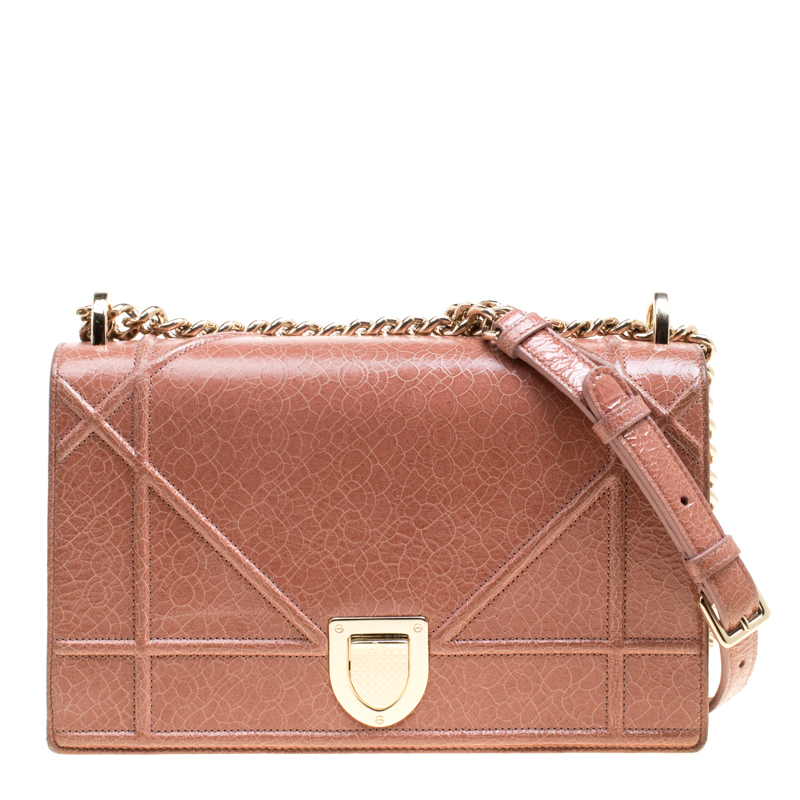Dior Brown Crackled Patent Leather Medium Diorama Shoulder Bag