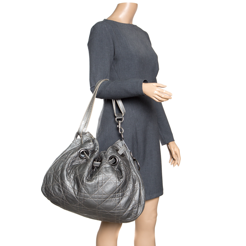 

Dior Grey Cannage Quilted Leather Drawstring Bag