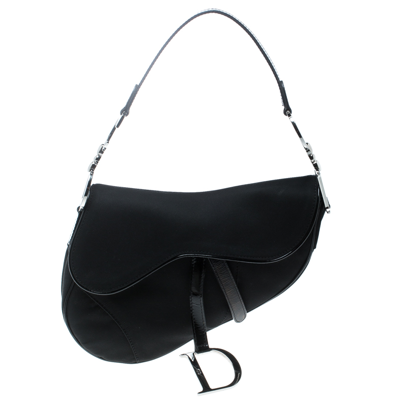 Dior Black Nylon and Patent Leather Saddle Bag