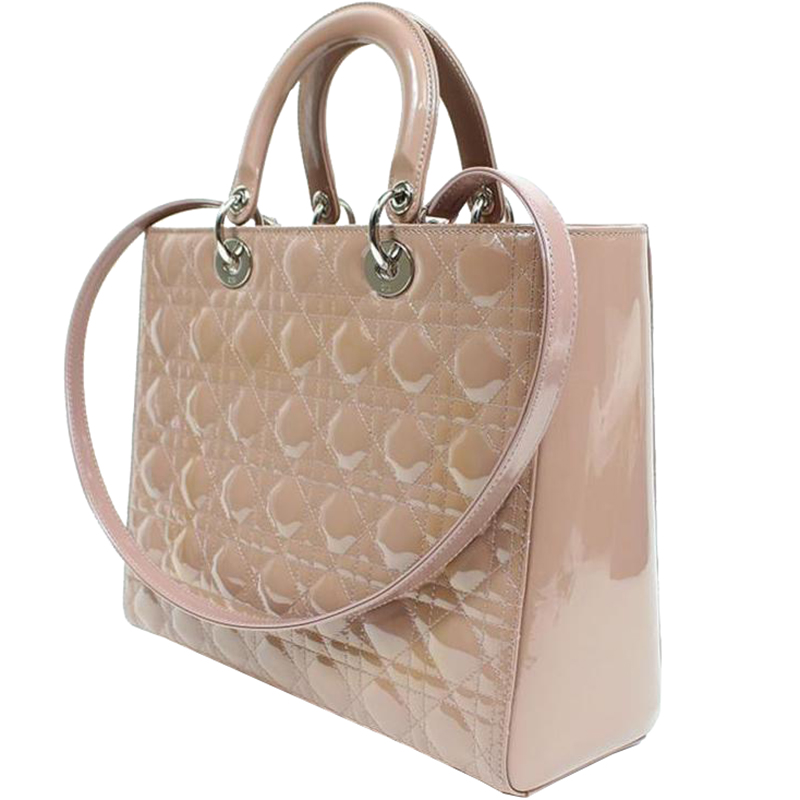 

Dior Beige Pink Cannage Quilted Patent Leather Large Lady Dior Tote