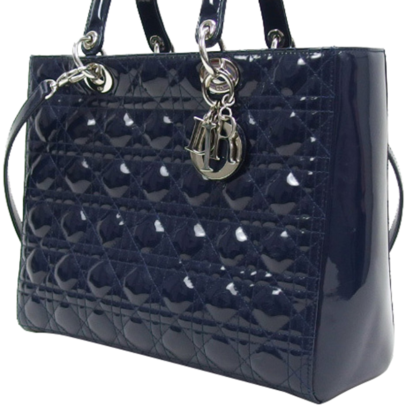 

Dior Navy Blue Cannage Quilted Patent Leather Large Lady Dior Tote