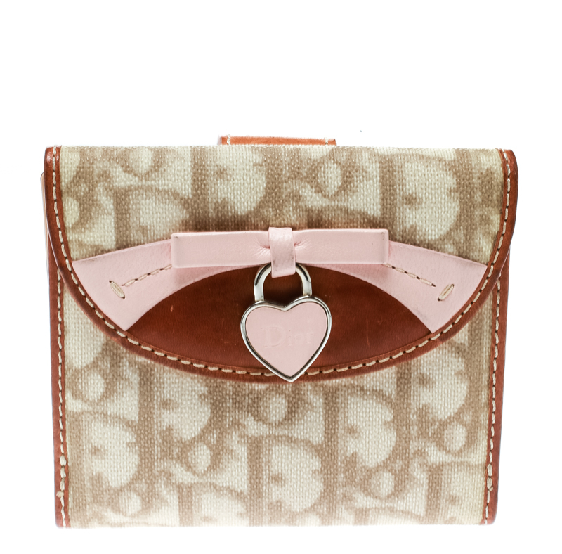Pre Owned Dior Beige/Pink Diorissimo Coated Canvas and Leather Compact Wallet