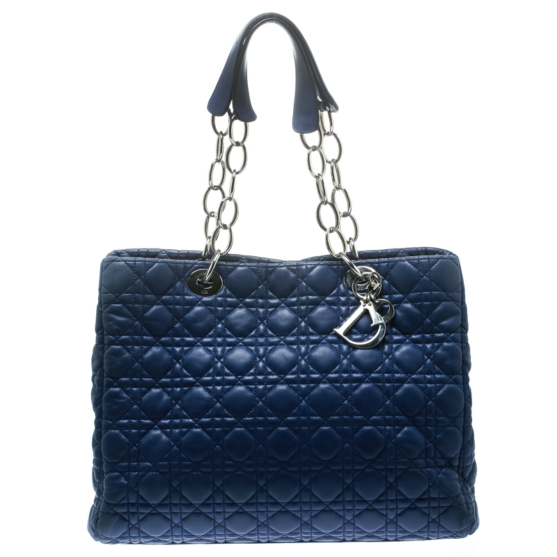 Pre Owned Dior Blue Cannage Soft Leather Large Shopper Tote